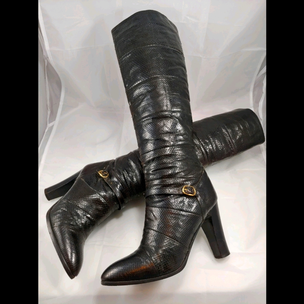 Black Snake Skin Knee High Boots